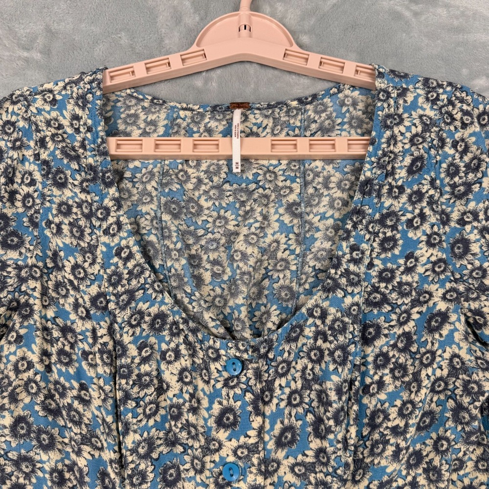 Free People Dress Women M Blue Floral Flower Power Mini Fit & Flare Boho Lace Up - Picture 5 of 11
